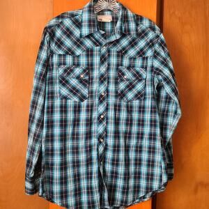 Mens Wrangler Pearl Snap Down Plaid Medium LS Shirt Blue Western Cowboy